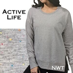 Active Life Womens Sweatshirt Medium Gray Flecked Confetti Scoop Neck Retro NEW